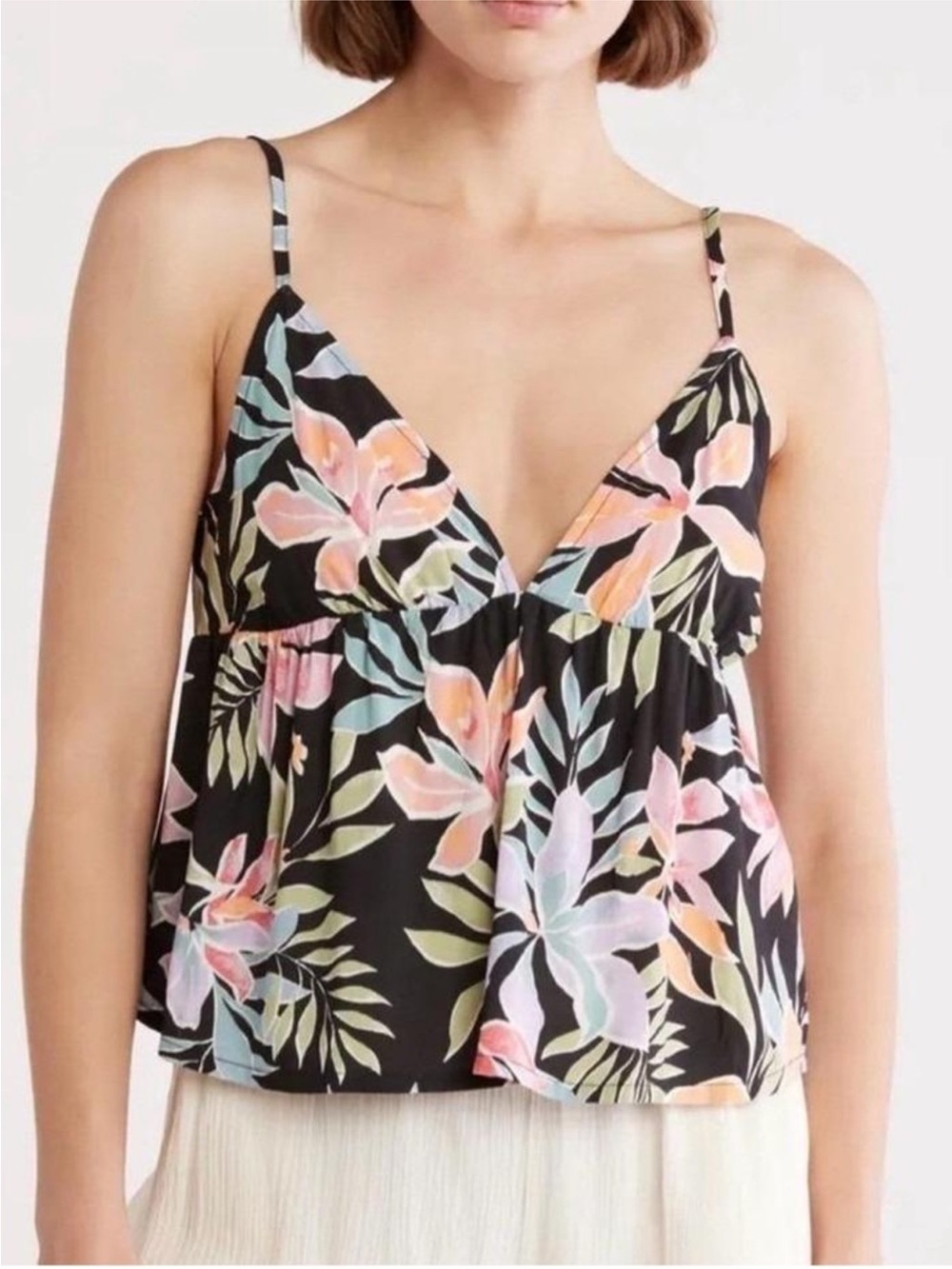 🍊 Billabong Carefree Cami Tank Black Tropical Floral Beach Surf Summer Crop Top